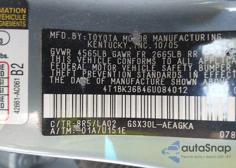 2006 Toyota Avalon Xls z USA, uszkodzony, nr VIN 4T1BK36B46U084012